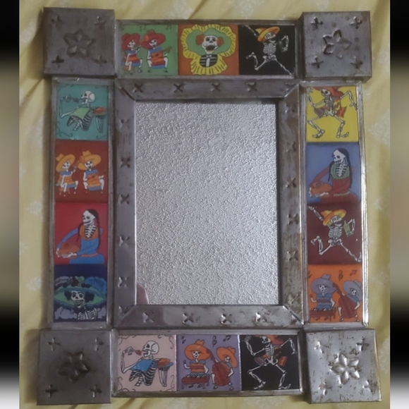 Authentic Mexican Day of the Dead Sugar Skull Tiled Punched Tin Mirror. - Picture 5 of 12